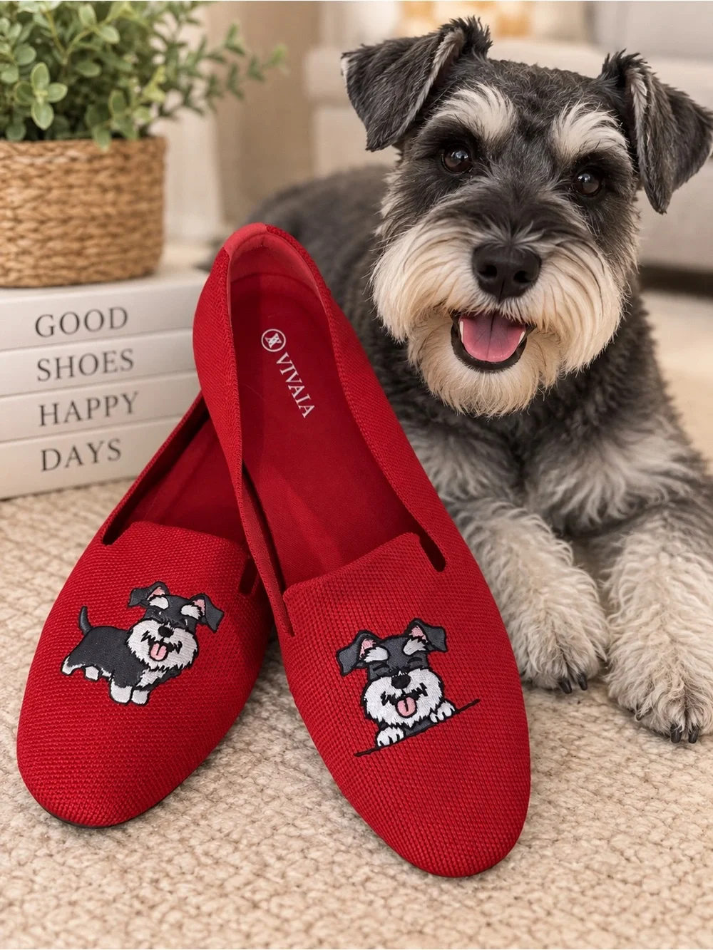 VIVAIA Red Schnauzer Dog Embroidered Knit Loafers Women’s EU 40 US 9-9.5